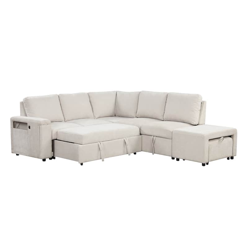 Beige 90.6'' L-Shaped 6-Seat Modular Sofa with Built-In Storage and USB Ports