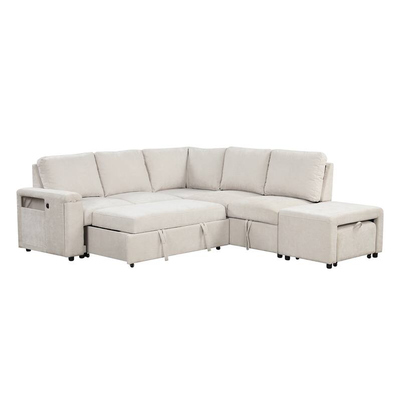 U_STYLE L-shaped Padded Modular Sofa with Storage Space, USB Ports, and Cup Holders on the Armrests, Suitable for Living Rooms, - N/A