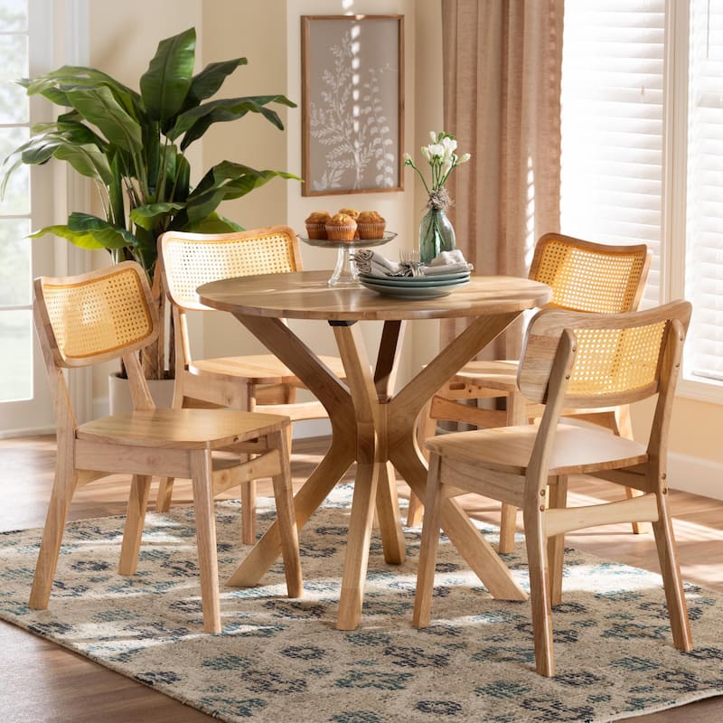 Camilo Mid-Century Oak Brown Finished Wood and Rattan 5-Piece Dining Set