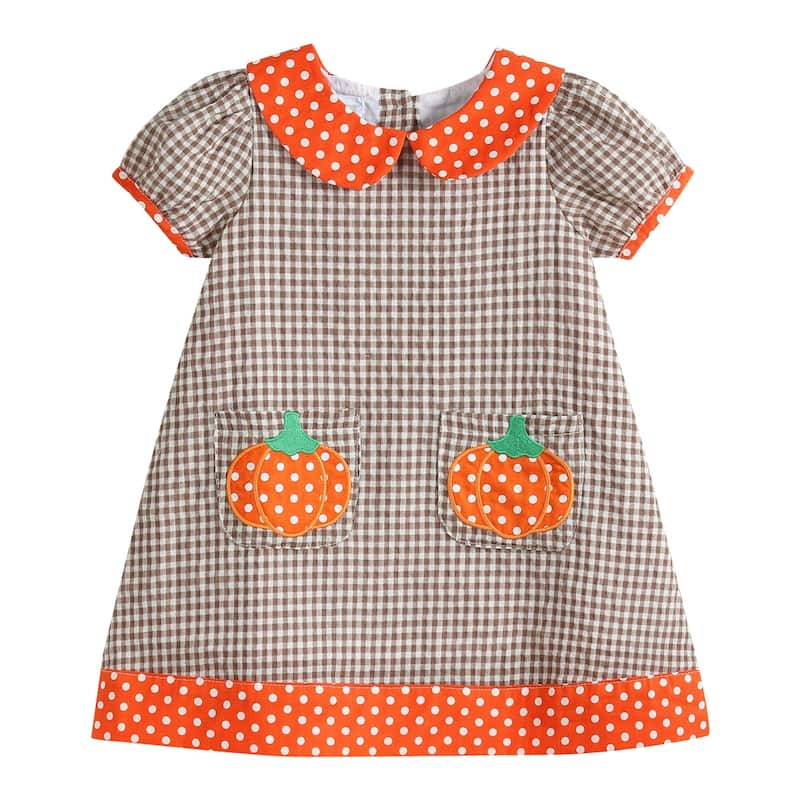 Lil Cactus Brown Gingham and Orange Pumpkin A-Line Dress