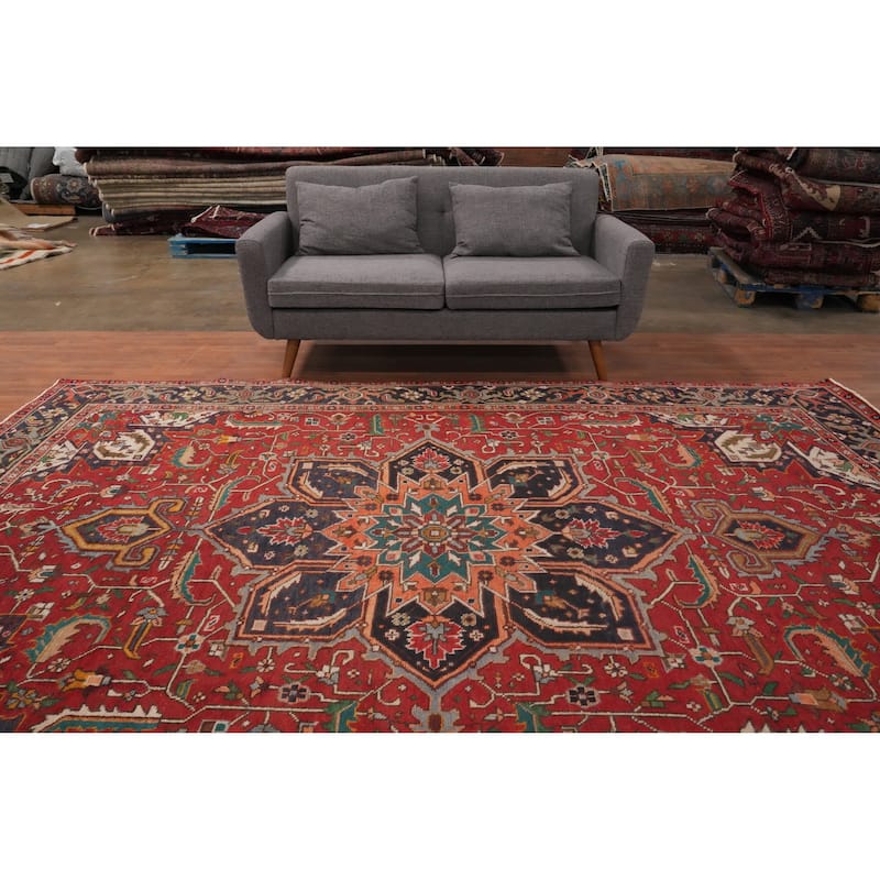 Hand Knotted Oriental 100% Wool Carpet Traditional Floral Red Heriz Area Rug - 11' 1'' X 7' 11''