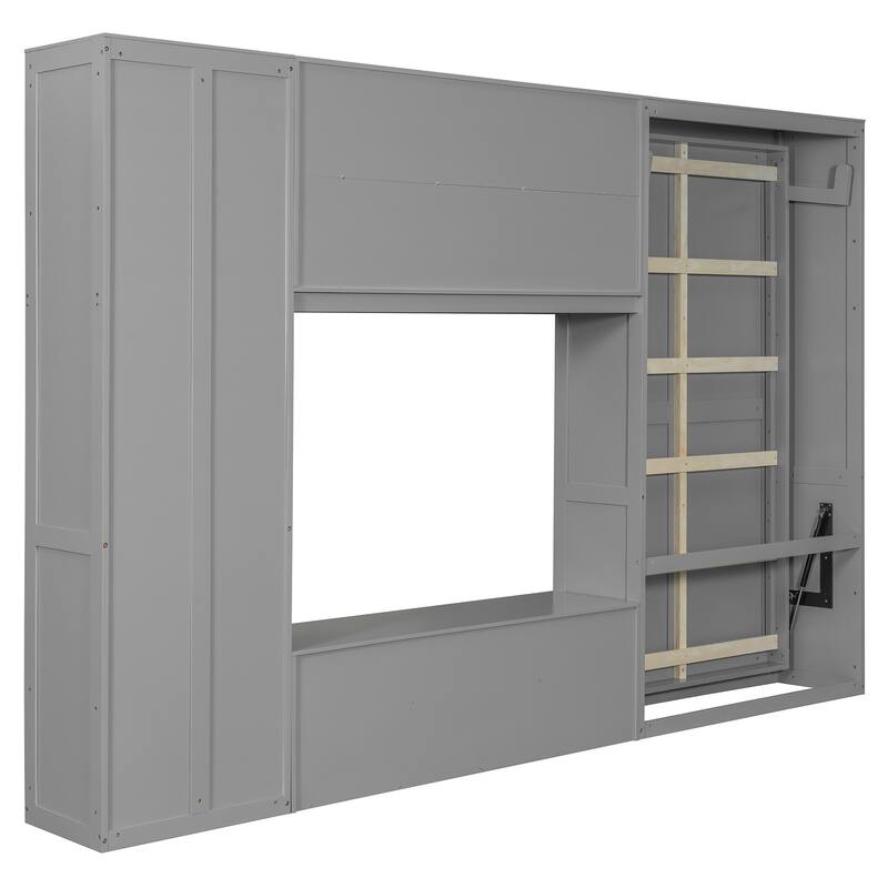 Space-Saving Twin Murphy Bed with TV Stand, Storage Drawers & Shelves in Gray