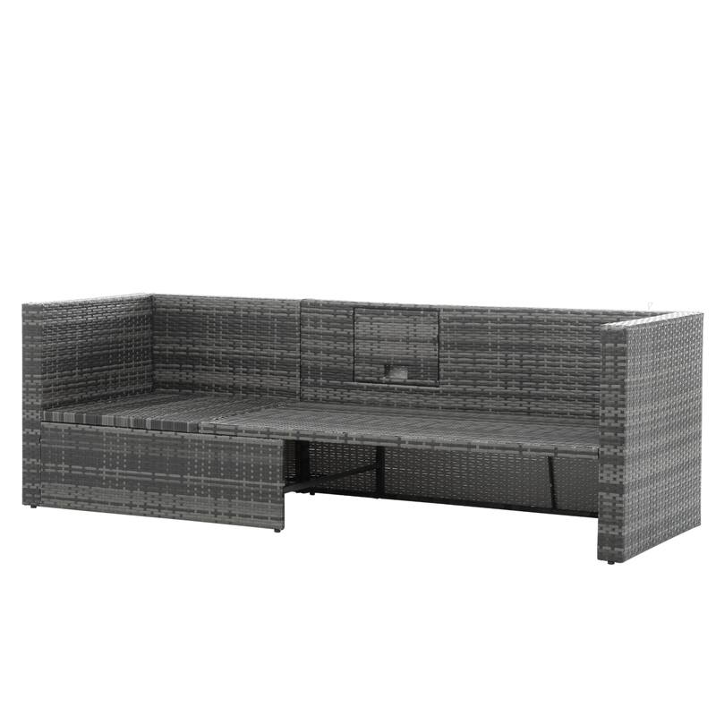 5 Piece Outdoor PE Wicker Sofa Set, Patio Conversation Furniture Set with Lift TOP Coffee Table and Lounger Sofa