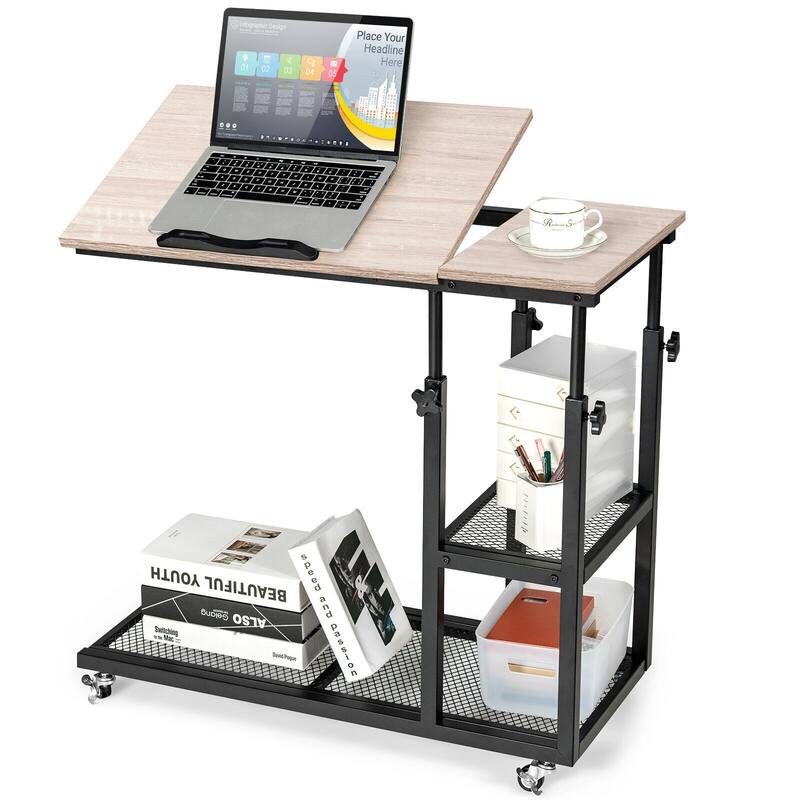 Height Adjustable C-Shaped End Table with Lockable Wheels and Tiltable Table Top - 31.5" x 16" x 25"-37.5"