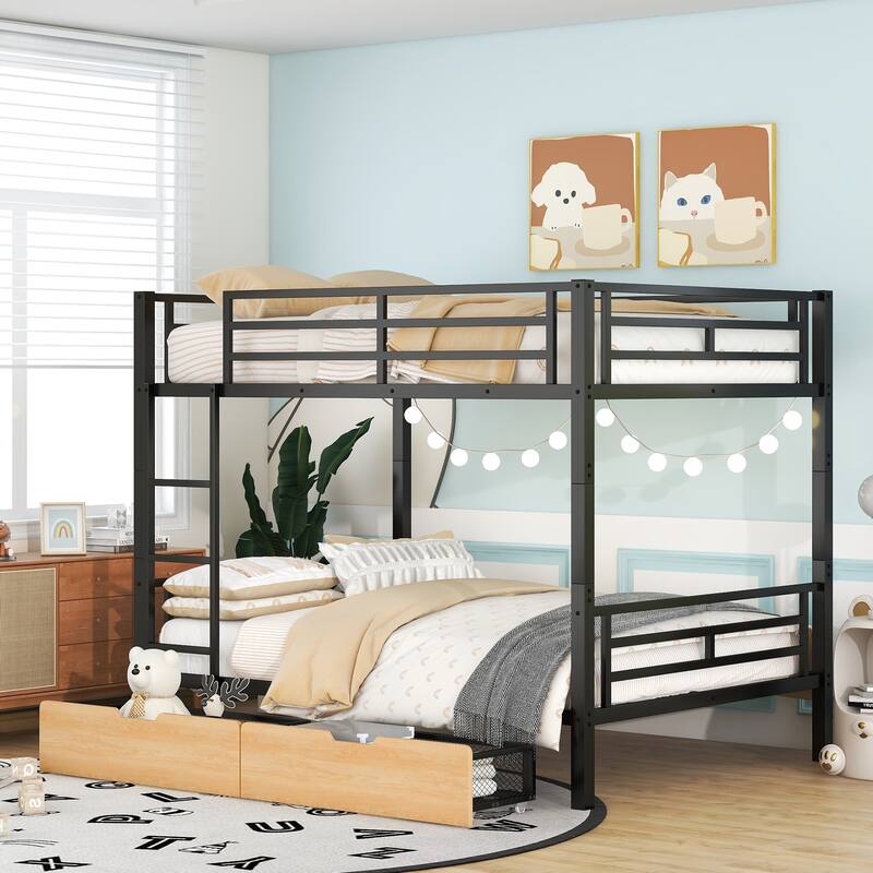 Full Size Convertible Metal Bunk Bed with 2 Drawers, Black