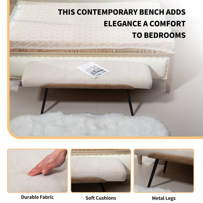 Bevin Beige Washed Woven Fabric Bench with White Washed Wood Accents and Black Iron Legs