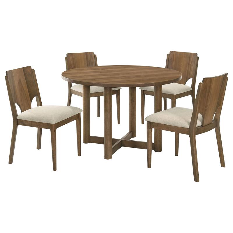 Billie 5pc Round Dining Table and 4 Chairs Set, Walnut Brown and Beige