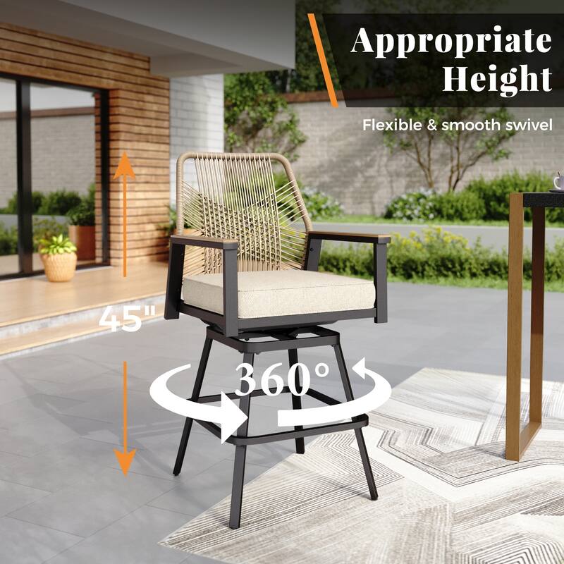 7-Piece Outdoor Patio Wicker Bar Counter Height Stool Set with Back and Cushion
