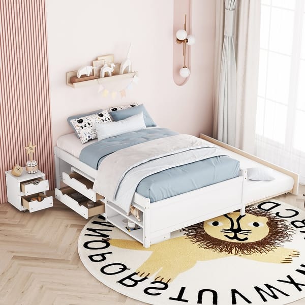 slide 2 of 6, Full Size Storage Bed, Solid Wood Bed with Trundle, Under Bed Storage Box of 2 Drawers, Shelves & Nightstand, White White