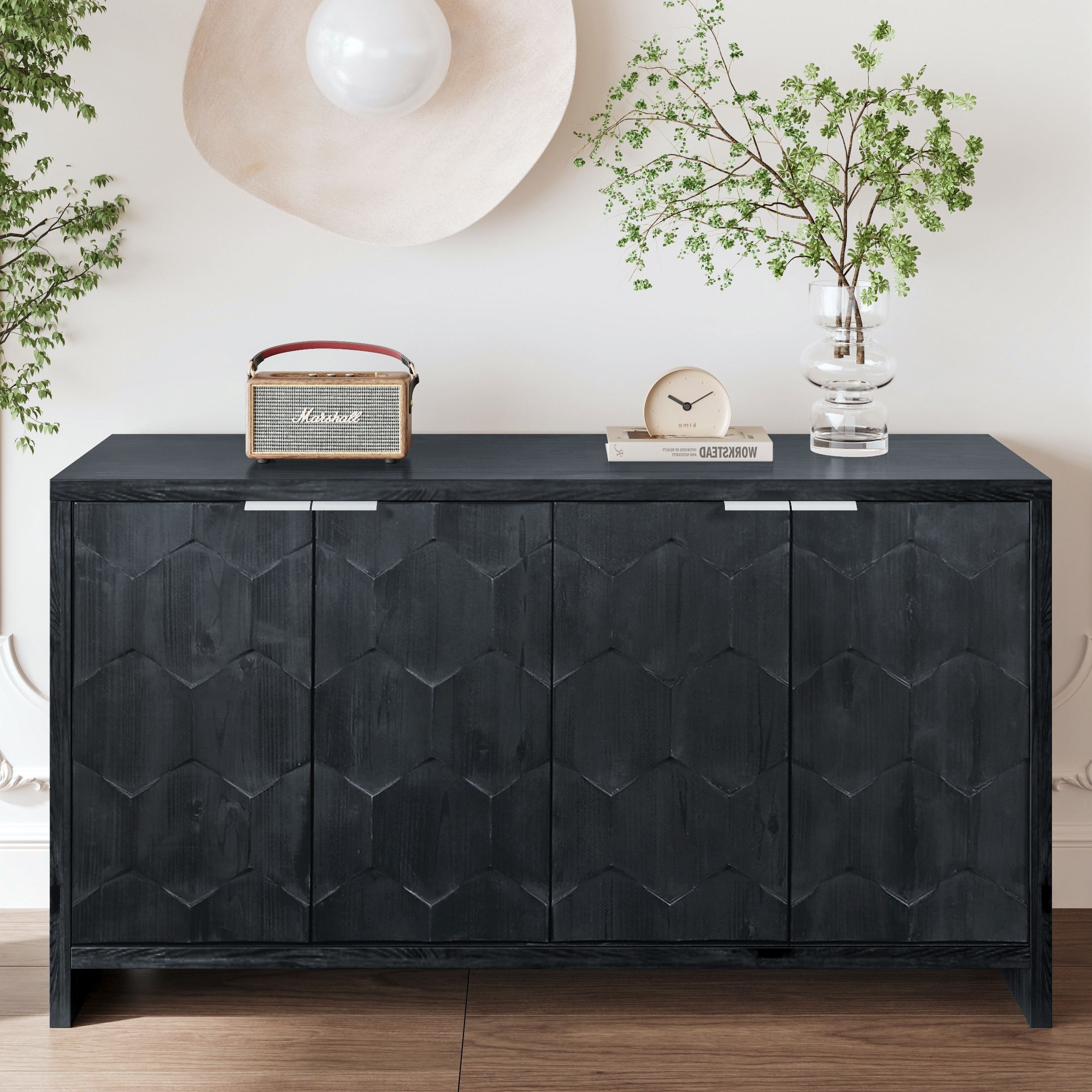 60" Farmhouse Antique Black 4 Wooden Door Sideboard Buffet Server Accent Storage Cabinet