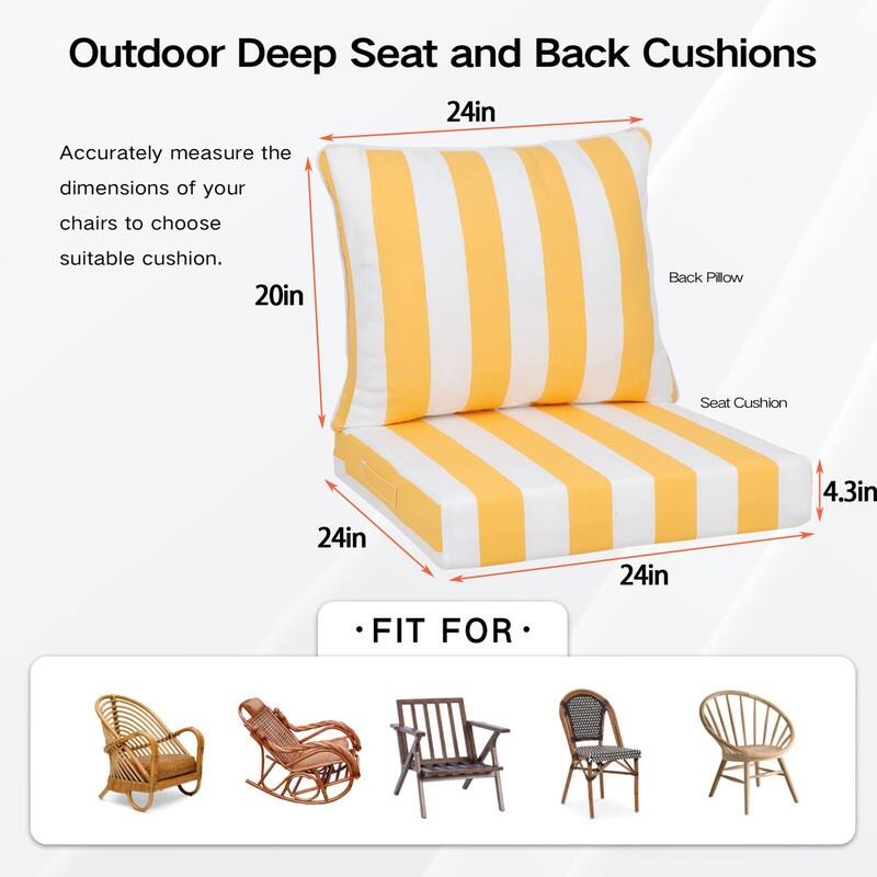 24x24 in Outdoor Deep Seat Cushion Set, Waterproof Fade Resistant, 4in Thickened Foam, Removable Cover, Adjustable Straps