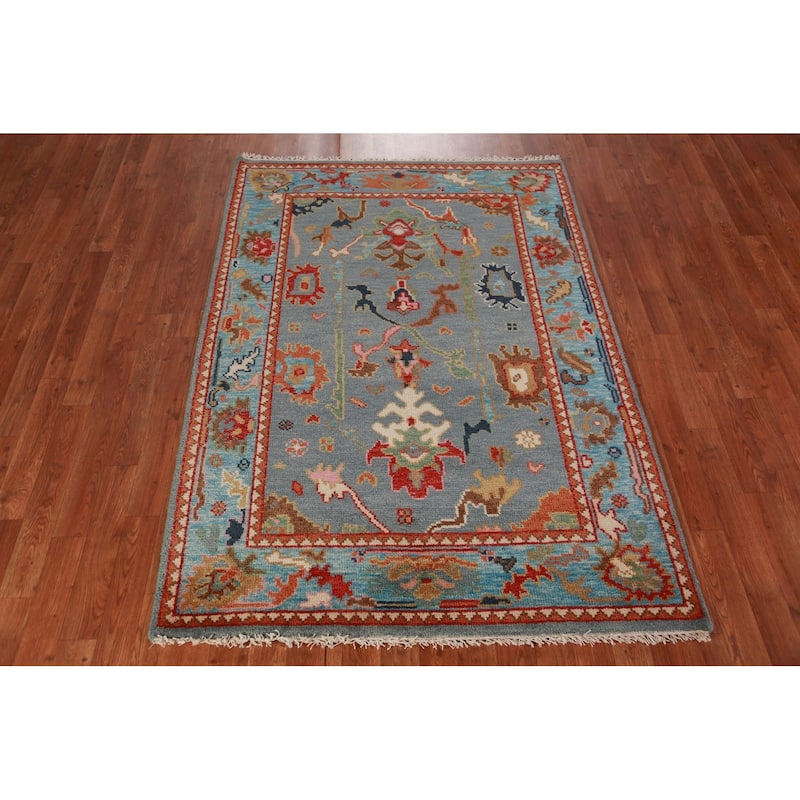 Blue Oushak Oriental Rug Hand-Knotted Wool Carpet - 4'1"x 5'11"