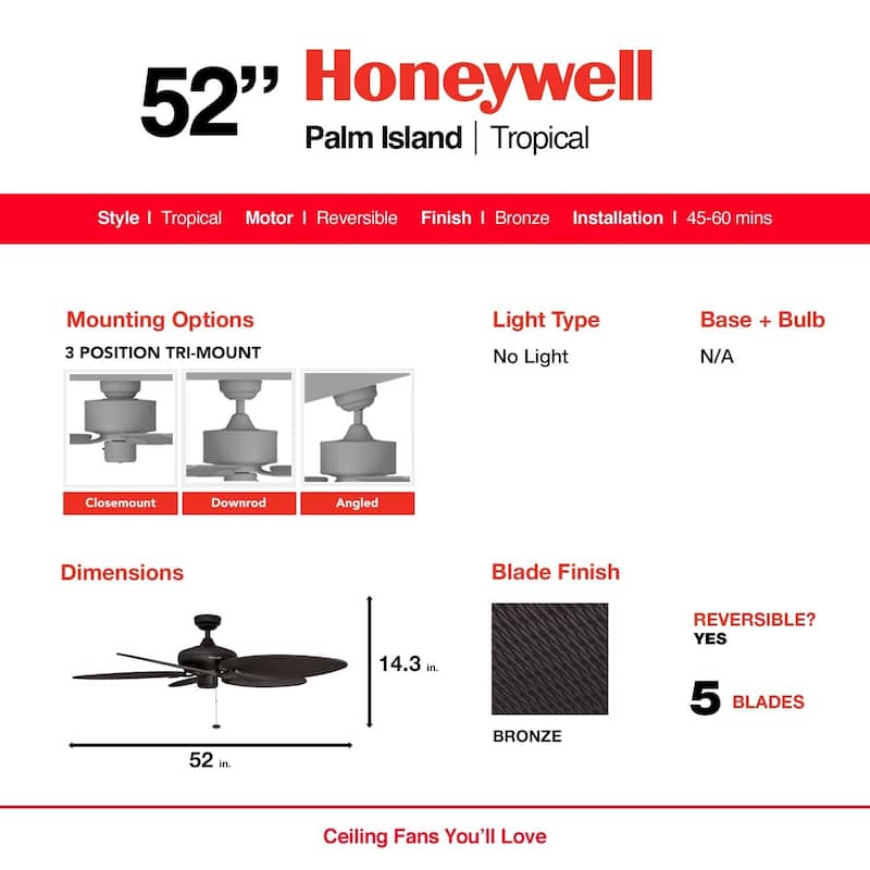 52" Honeywell Palm Island Bronze Indoor/Outdoor Ceiling Fan with No Light, Pull Chain, 5 Palm Leaf Blades
