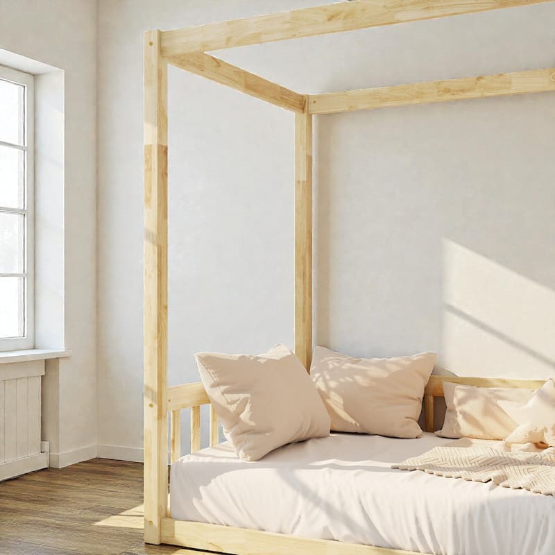 Twin Size Wooden Canopy Floor Bed with Guardrails and Fence, Low Profile Kids Bed Frame, No Box Spring Needed
