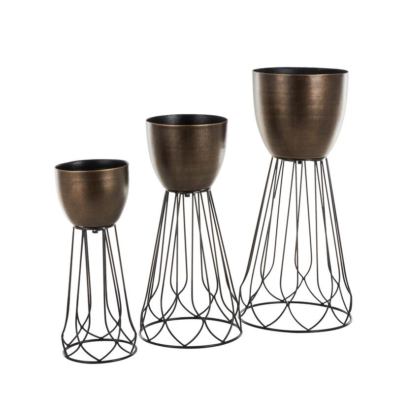 Bronze Metal Textured Indoor Outdoor Planter with Black Wire Cone Shaped Bases (Set of 3)