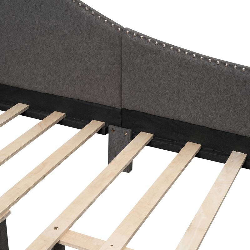 Grey Full Size Upholstered Daybed with Headboard and Armrest