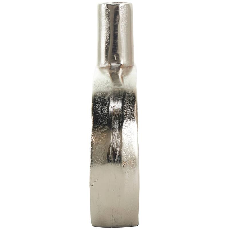 Silver Aluminum Metal Circular Geometric Vase with Linear Etchings