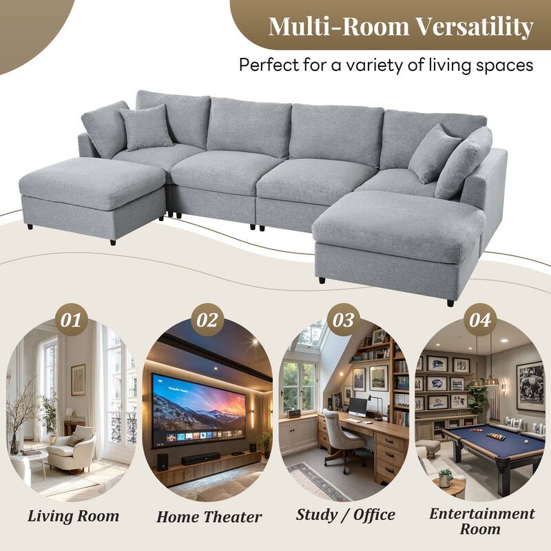 U-Shaped Modular Sectional Sofa with 2 Movable Ottomans, Oversized Chenille Upholstered Sofa, 6 Seater Sofa with Pillows