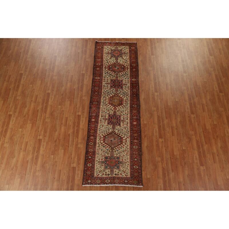 Hand Knotted Oriental 100% Wool Carpet Traditional Geometric Beige & Ivories Heriz Runner Rug - 10' 7'' X 3' 3''
