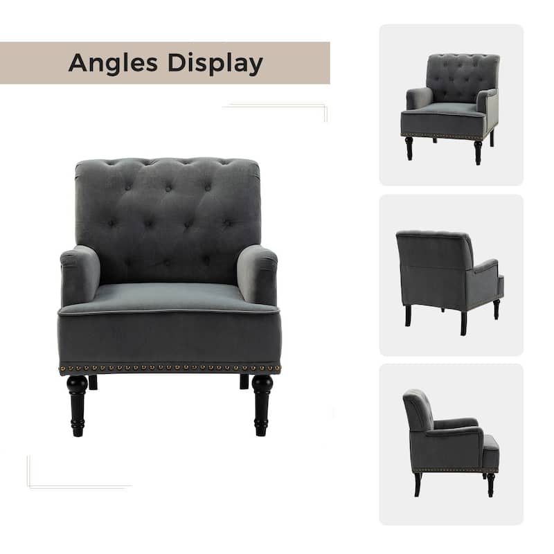 Geltrude Transitional Upholstered Button Tufted Club Chair with turned wooden Legs by HULALA HOME