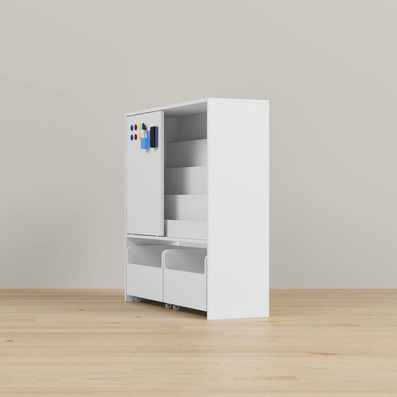 Kids Sliding Door Bookcase with 2 Large Rolling Toy Bins – 39.4" Wide White Children’s Bookshelf Organizer