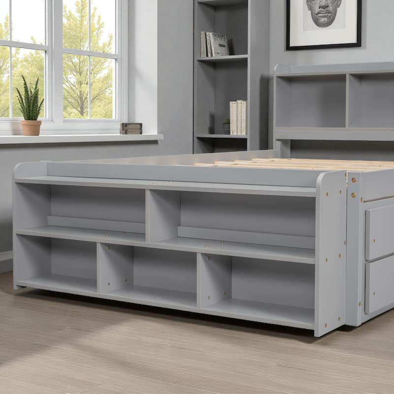 Full Size Wooden Storage Bed with Bookcase Headboard, 6 Drawers, and Bed-End Storage Case