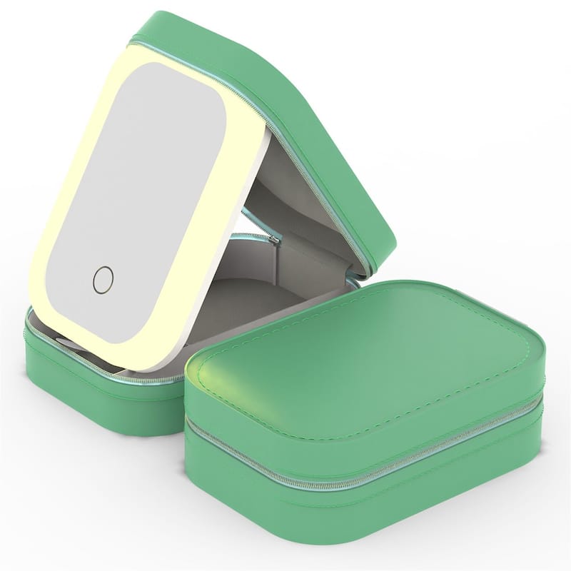 Portable Makeup Case with Rechargeable LED Mirror - Green