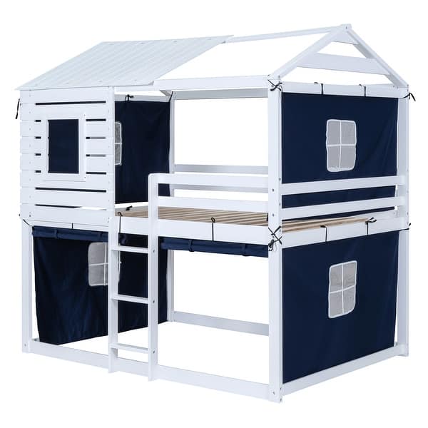 slide 2 of 17, Full Wood Playhouse Bunk Bedframe with Tent, Noise Free, Blue