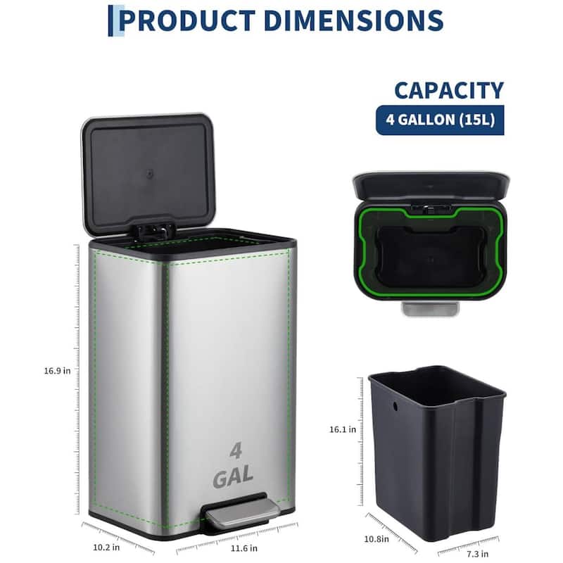 15L Soft-Close Lid Compact Stainless Steel Trash Can for Kitchen, Bathroom