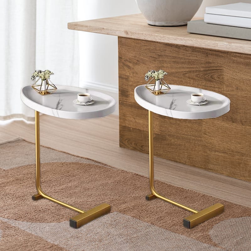 2 PCS White C-shaped Side Table, End Table, Side Table for Couch and Bed - White - Metal