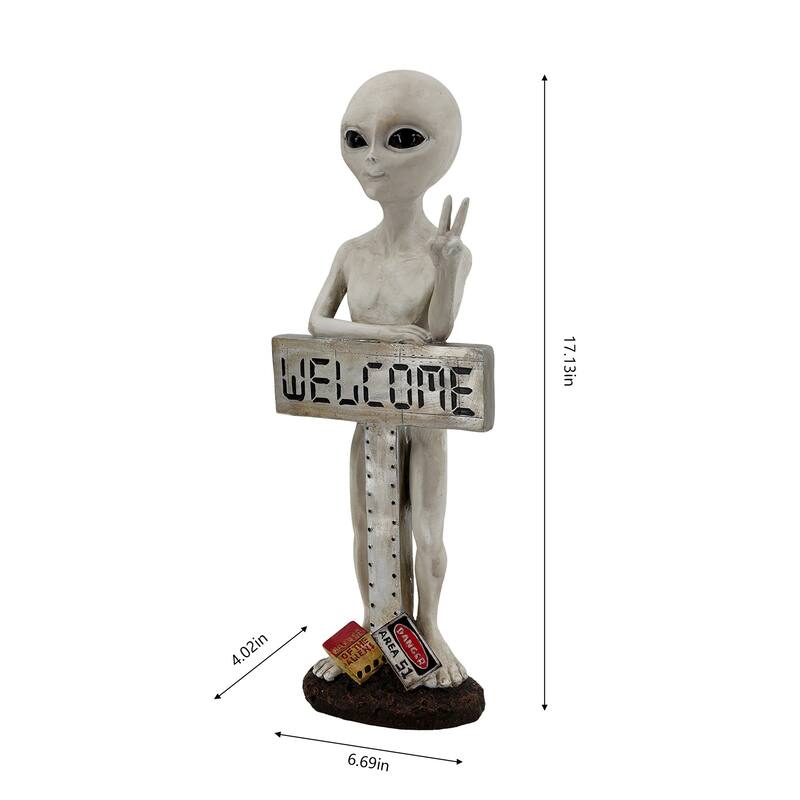 Alien with Welcome Sign Outdoor Garden Statue - 17"