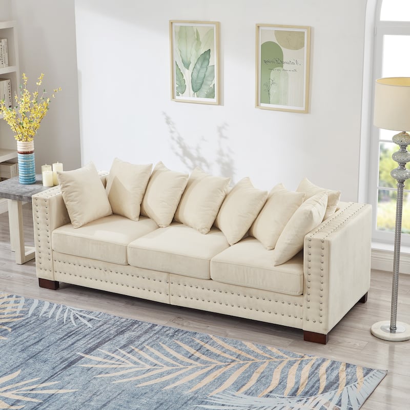 Modern Design Sofa Square Armrest With Silver Nails Decoration Upholstered Velvet Couch