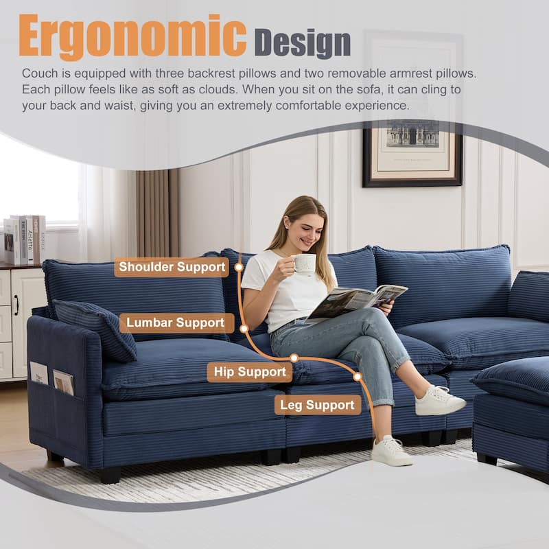 Oversized Modular Sectional Sofa with Ottoman, 102 Inch 4 Seat Corduroy L Shaped Couch for Living Room