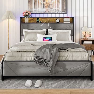 Full/Queen Size Upholstered Platform Bed Frame with 4 Storage Drawers and 2 USB Ports