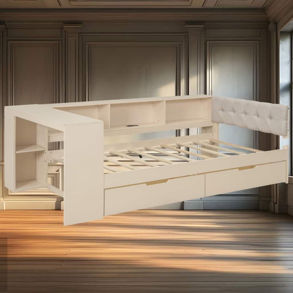 Wood Twin Platform Bed with Upholstered Headboard, Storage Shelves & Charging Station for Small Space, Apartment