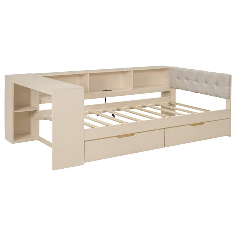 Roomfitters Twin/Full Wood Platform Bed with Upholstered Headboard, Storage Shelves and Charging Station