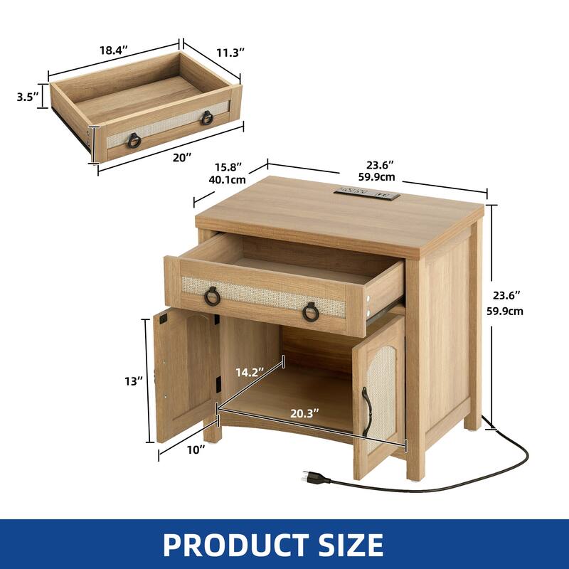 Moasis Farmhouse Side Table Rattan Nightstand with Power Outlets & 2-Door Cabinet and Drawer