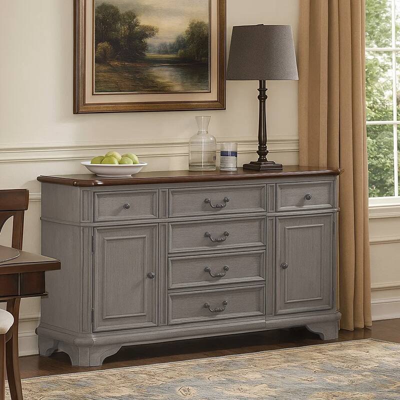 Sideboard Buffet Console, 6 Drawers, 2 Cabinets, 60 Inch Gray, Brown