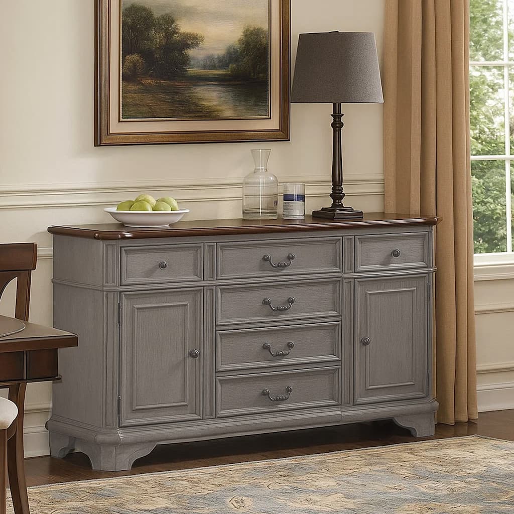 Sideboard Buffet Console, 6 Drawers, 2 Cabinets, 60 Inch Gray, Brown