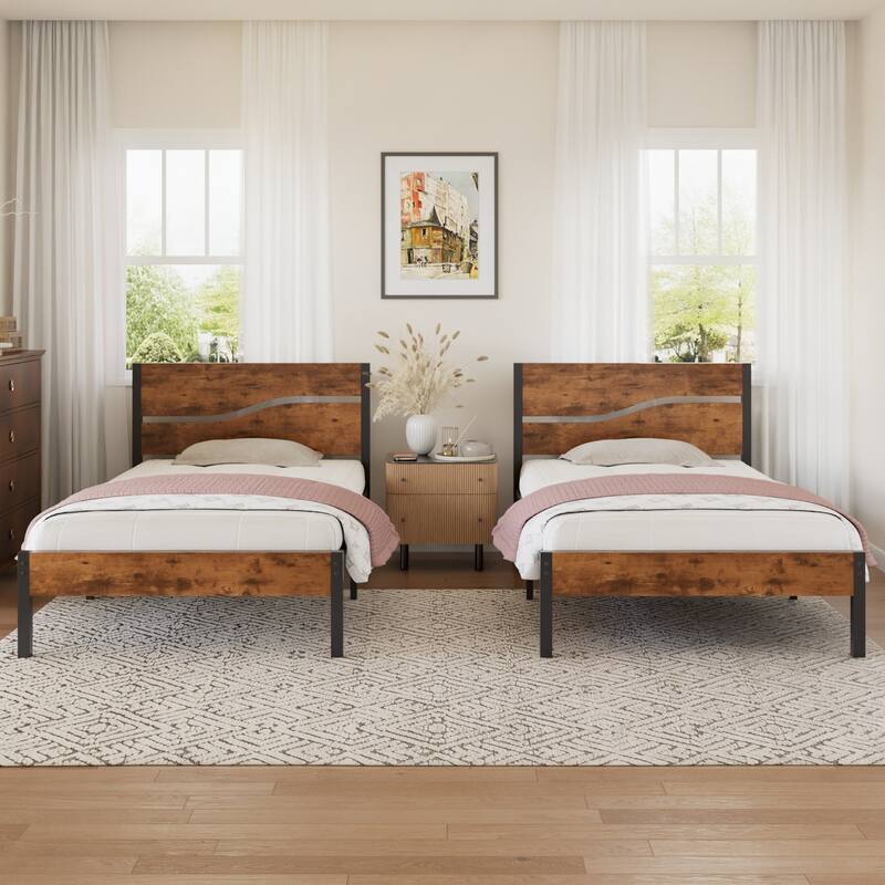 VECELO 2 Pack Twin Size Kids Bed Industrial Platform Bed Frame with MDF Curved Cutout Headboard Twin Size Bed Set of 2 - Rustic Brown