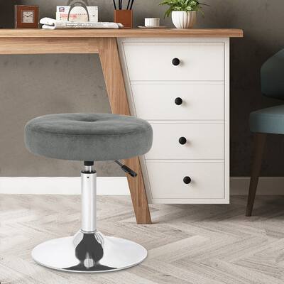 Adeco Makeup Vanity Stool Chair,Velvet Round Ottoman Tufted 360° Swivel Adjustable - Grey