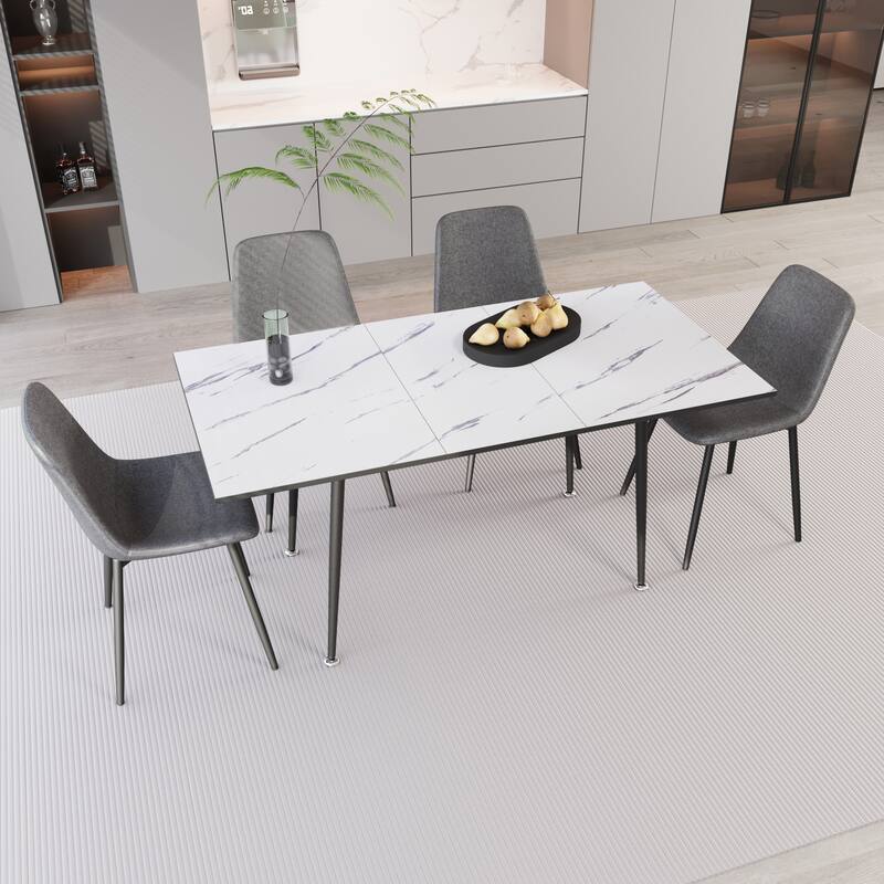 Scalable modern dining table and chair set, for 2-6 people, 4-piece set, medieval dining table set, metal base and linen chair