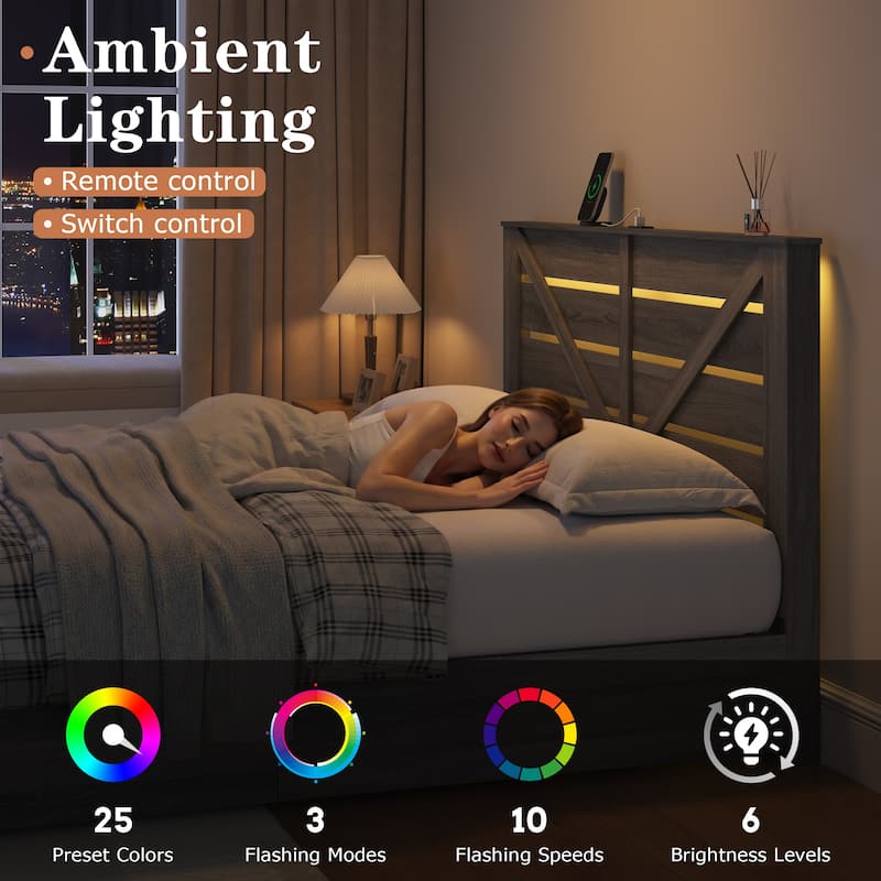 Antique Grey Platform Bed with Barn Door Headboard and Footboard 4 Drawers LED Light