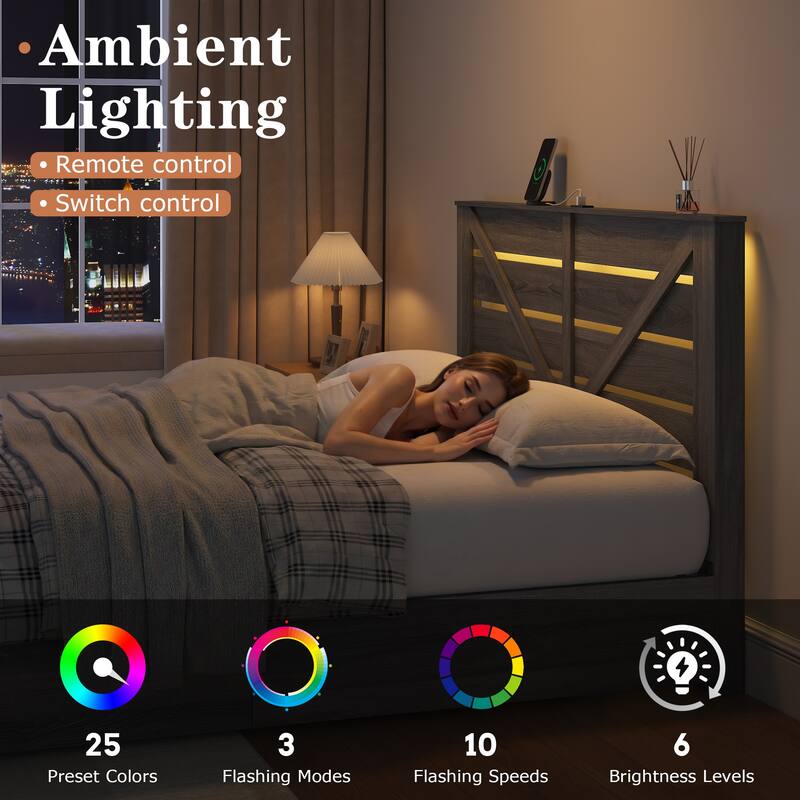 Queen/Full Storage Bed Frame with Headboard Storage, 4 Drawers & LED Lighting - Anti-Slip Noise-Free Metal Support Platform