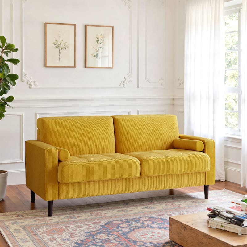Modern Corduroy Upholstered Loveseat with Bolster Pillows and Wood Legs - Yellow