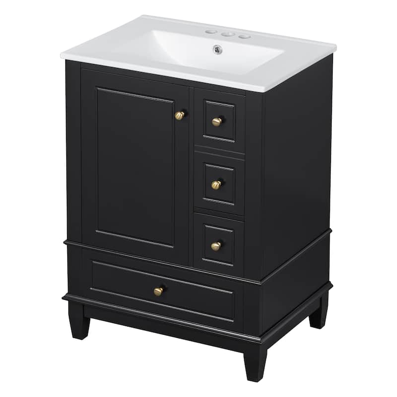 24" Freestanding Bathroom Vanity with Sink - Ceramic Top, Drawers & Shelves, MDF & Solid Wood Base, for Small Bathrooms