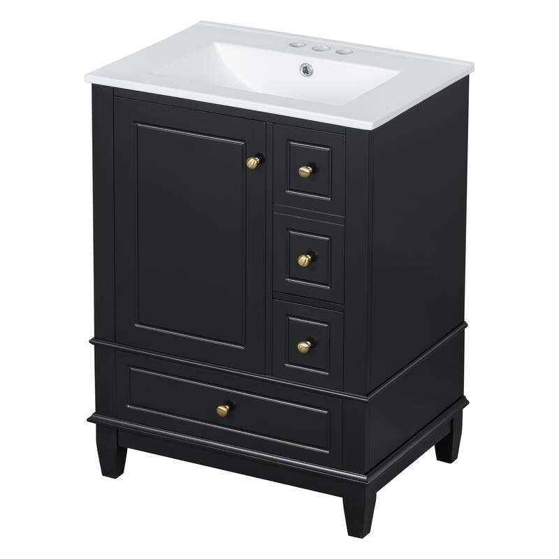 Roomfitters 24" Bathroom Vanity with Sink, Solid Wood Frame, 3 Drawers & Side Cabinet with Door Racks