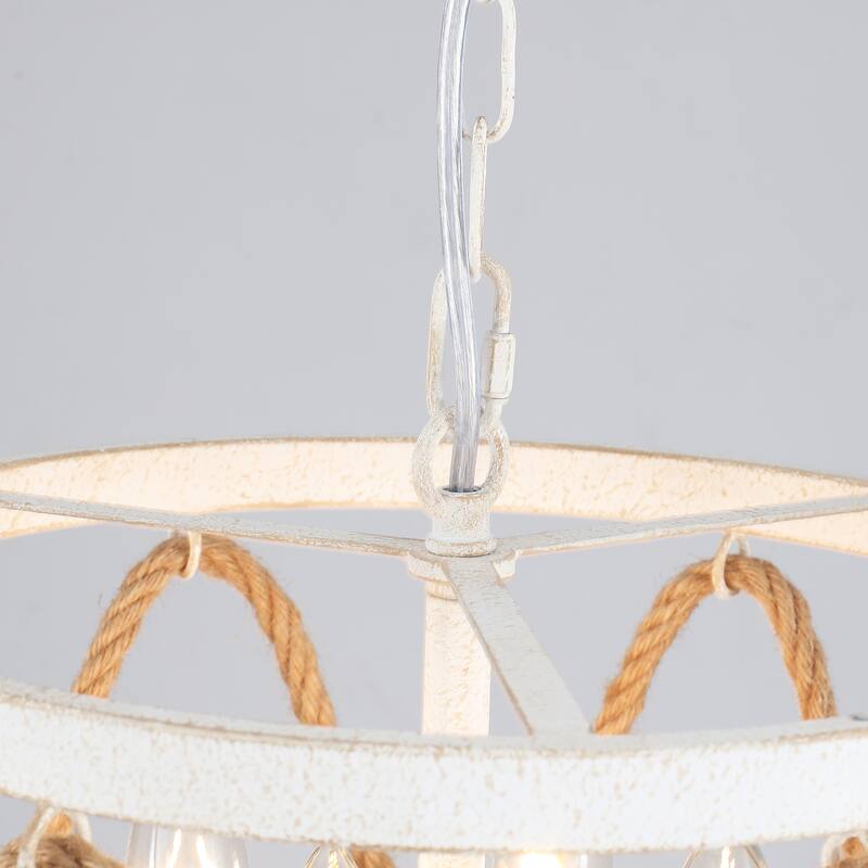 4-Light Drum-shaped Chandelier with Hemp Rope for Kitchen Living Room