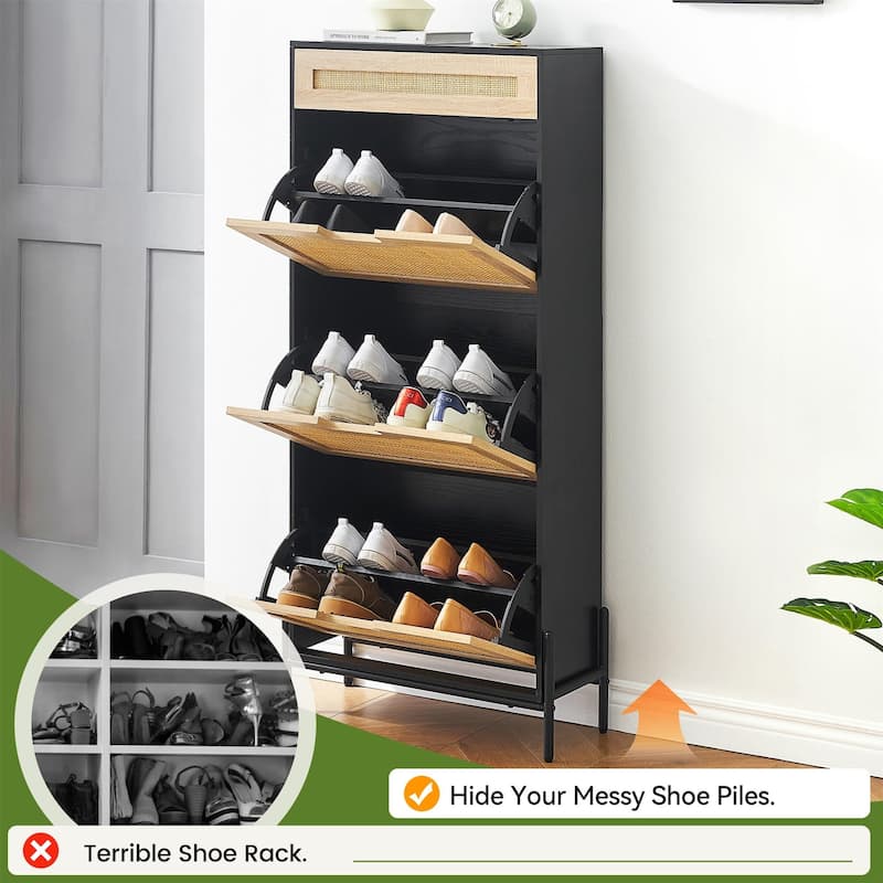 Rattan 3 Flip Door with 1 Drawer Shoe Rack Storage Cabinet