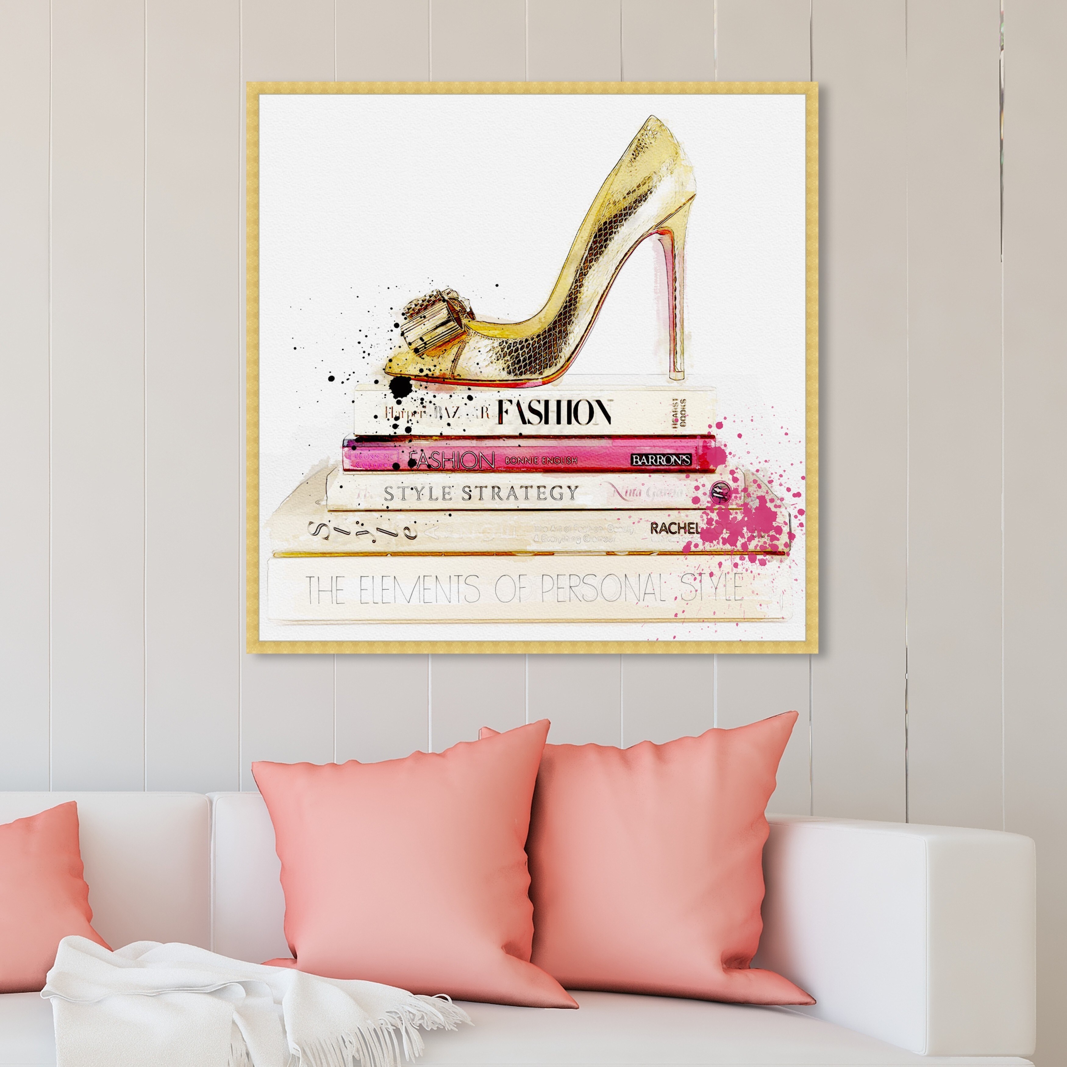 Oliver Gal（オリバーガル）の「Fashion and Glam Gold Shoe and Fashion Books Shoes」 Oliver Gal 'Gold Shoe and Fashion Books' Fashion and Glam Framed